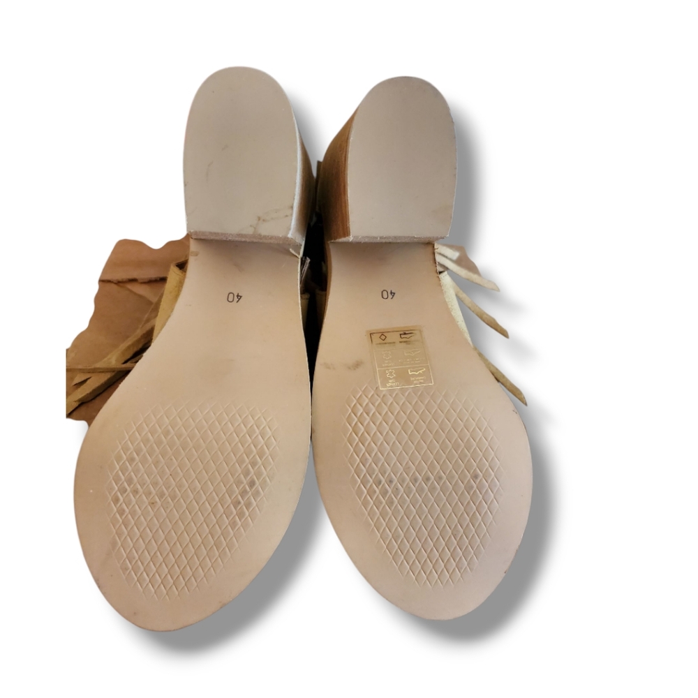 Musse & Cloud Open Toe Tan Suede Fringe Heels - Picture 10 of 12